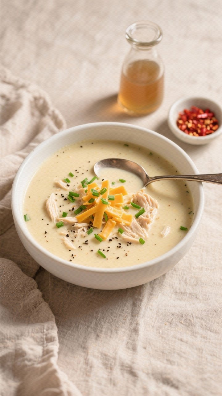 Tasty top view, overhead: Overhead shot of the finished Cozy High-Protein Chicken Cheese Soup in a w