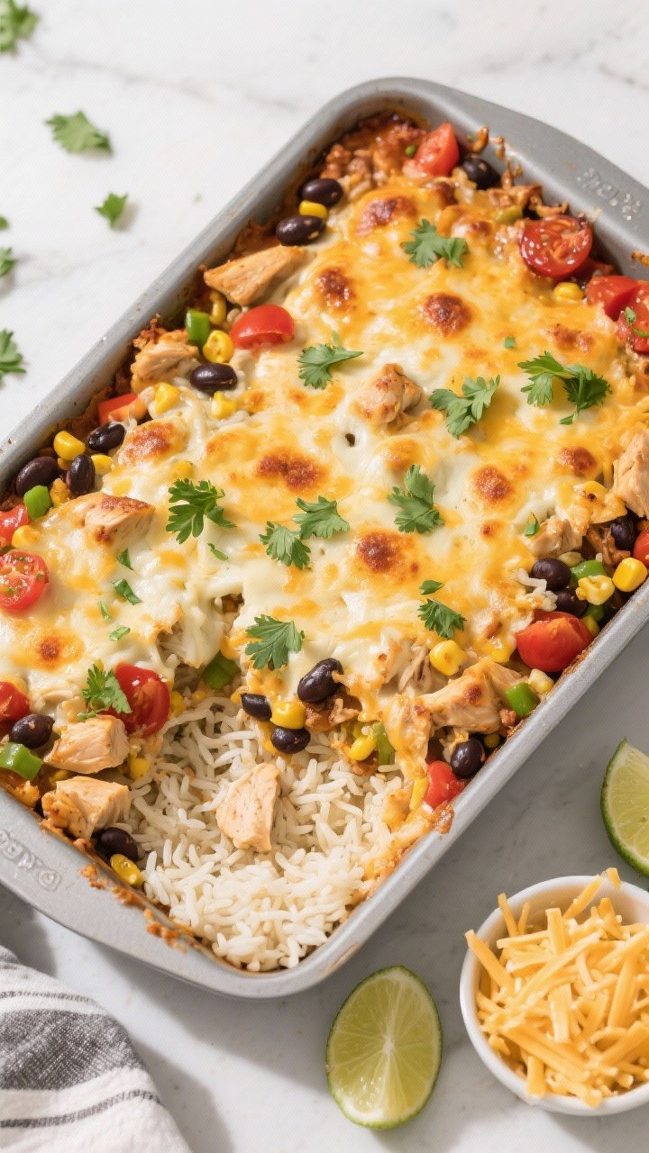 Tasty top view, overhead pan shot: Overhead shot of the finished bake in the 9x13 pan, cheese melted