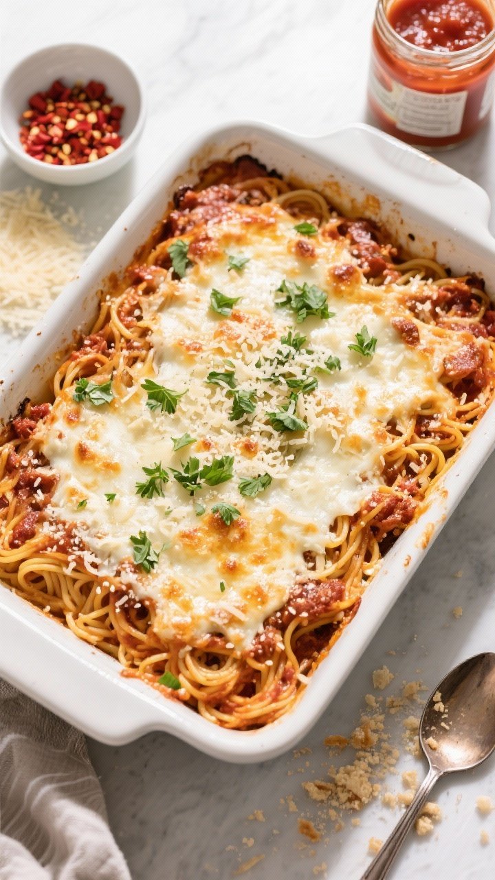 Tasty top view: Overhead shot of a 9x13 baking dish just out of the oven—spaghetti bake with an ev