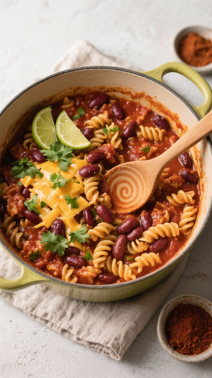 Tasty top view: Overhead shot of a big pot of finished High-Fiber Chili Mac, surface studded with ki