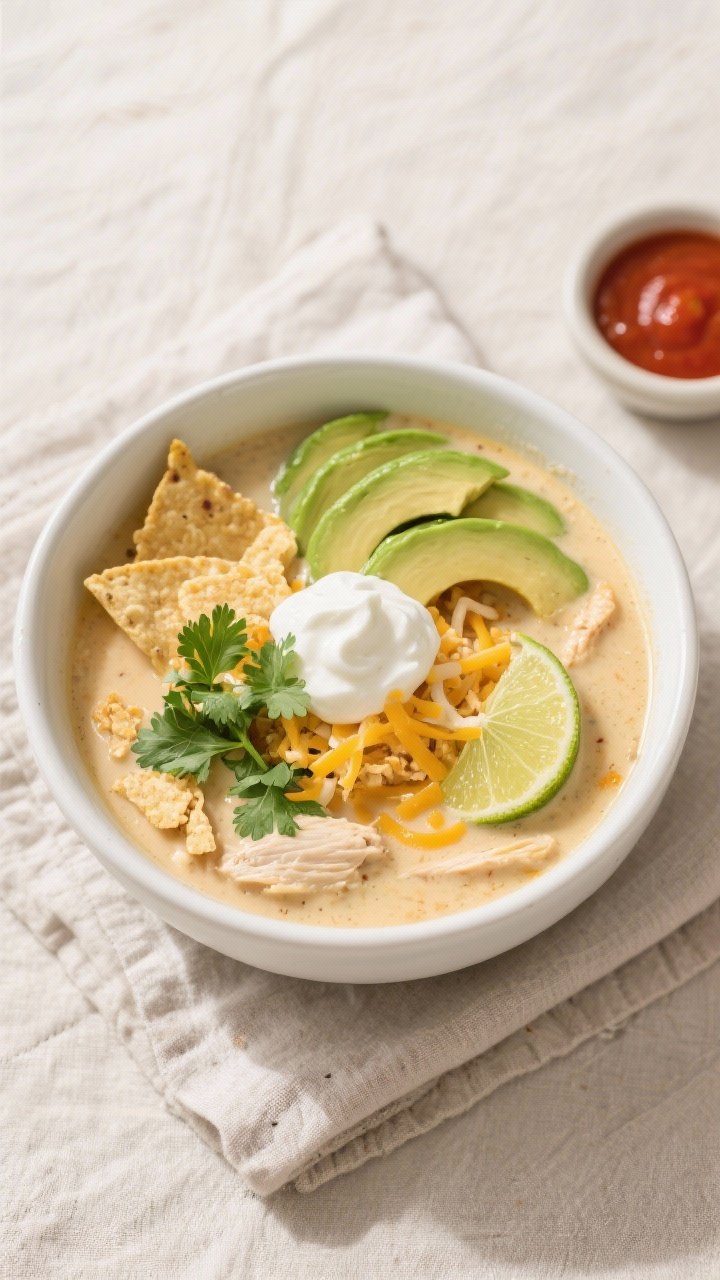 Tasty top view: Overhead shot of a bowl of Creamy Pepper Jack Chicken Soup finished with a squeeze o