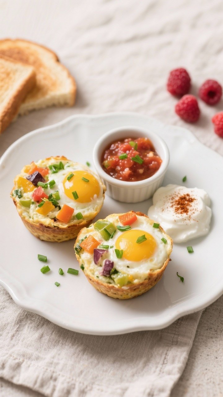 Tasty top view: Overhead shot of a breakfast plate with two egg muffins sliced open to show the colo