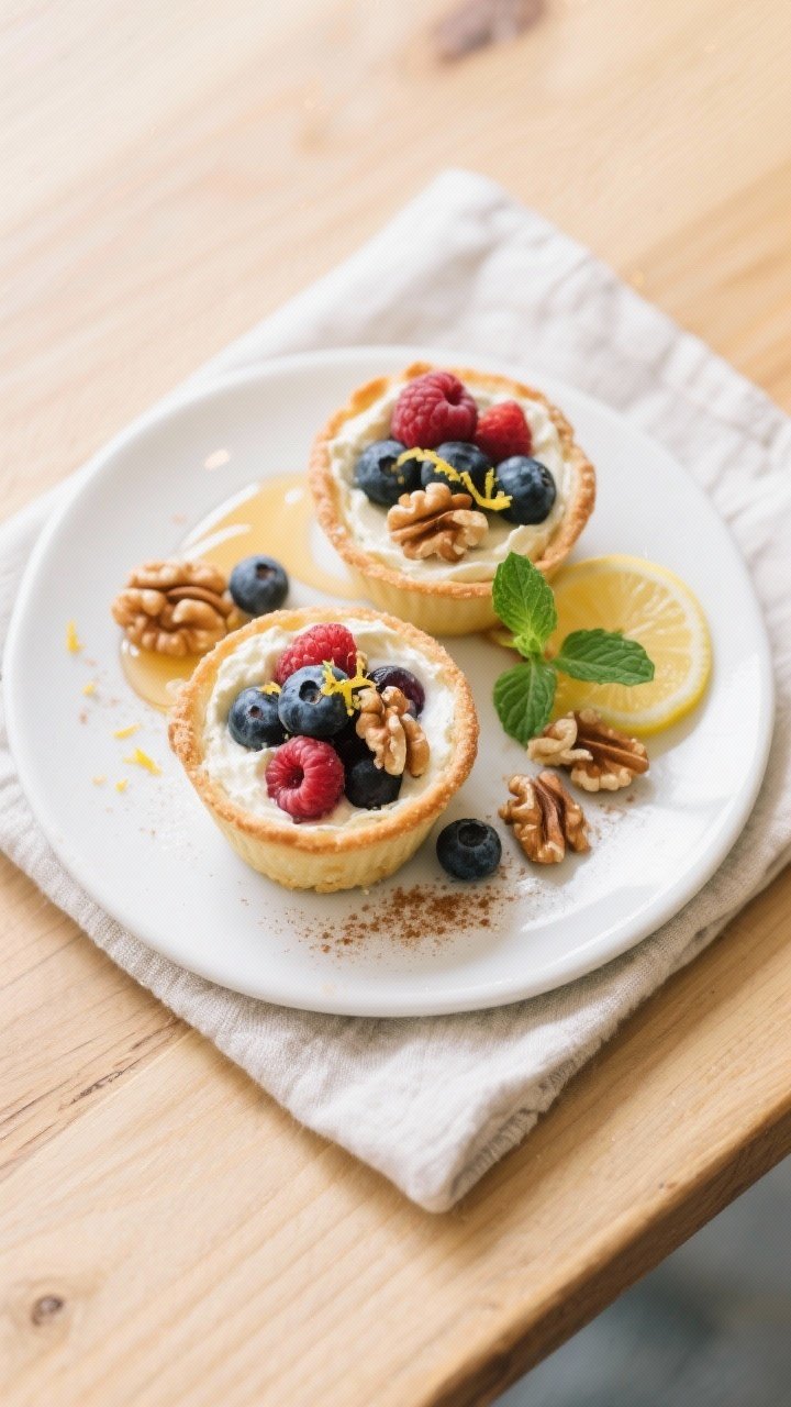 Tasty top view: overhead shot of a brunch-ready plate featuring two chilled baked ricotta berry cups