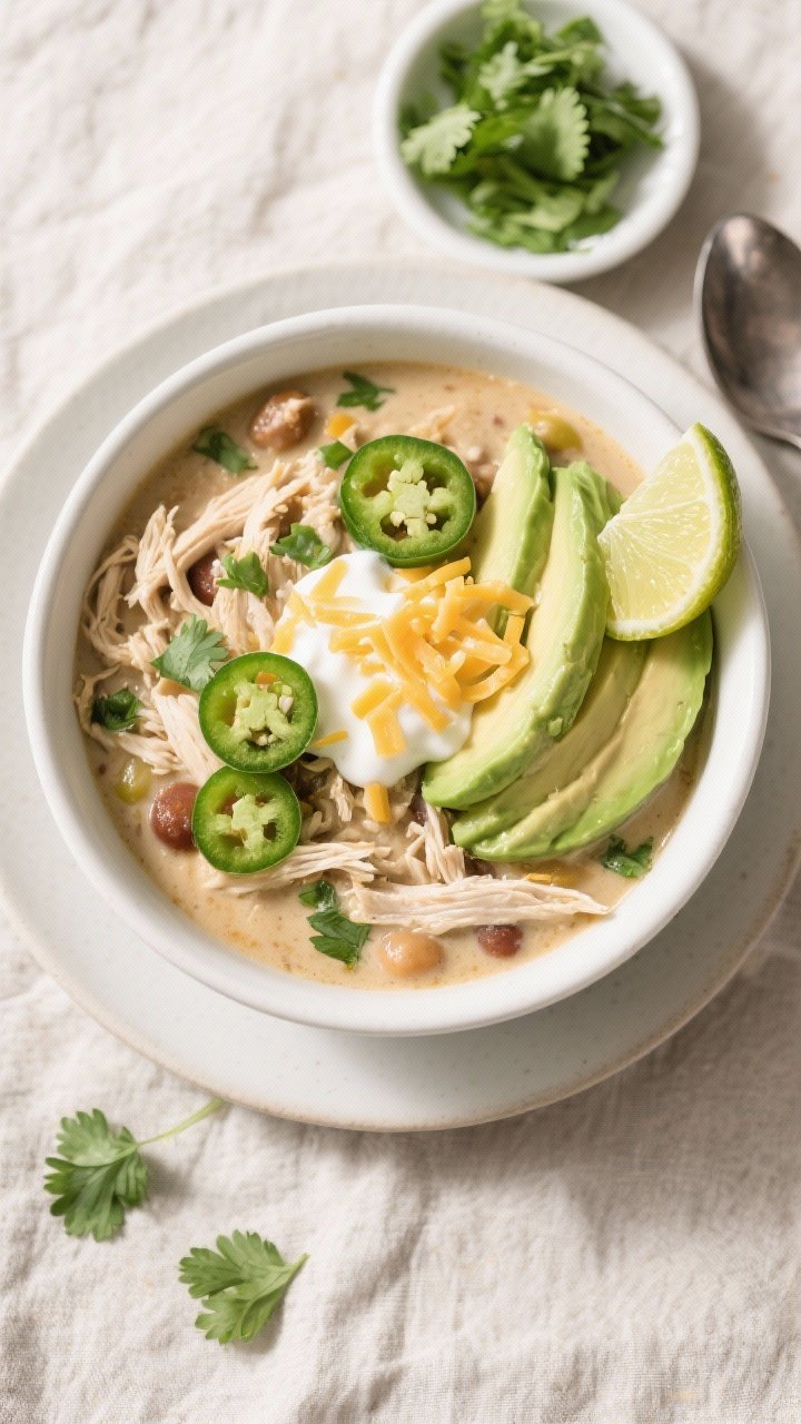 Tasty top view: Overhead shot of a finished bowl of keto white chicken chili, thick and creamy with 