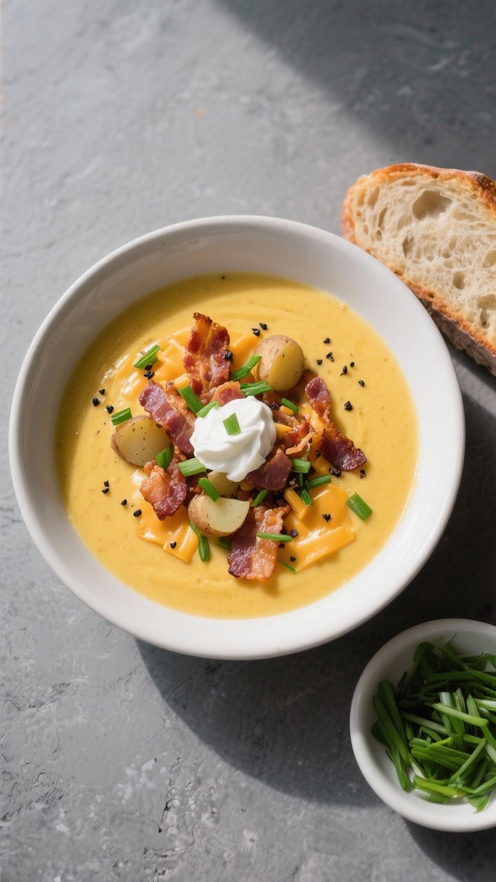 Tasty top view: Overhead shot of a finished bowl of Creamy Potato Cheddar Soup, topped with a genero