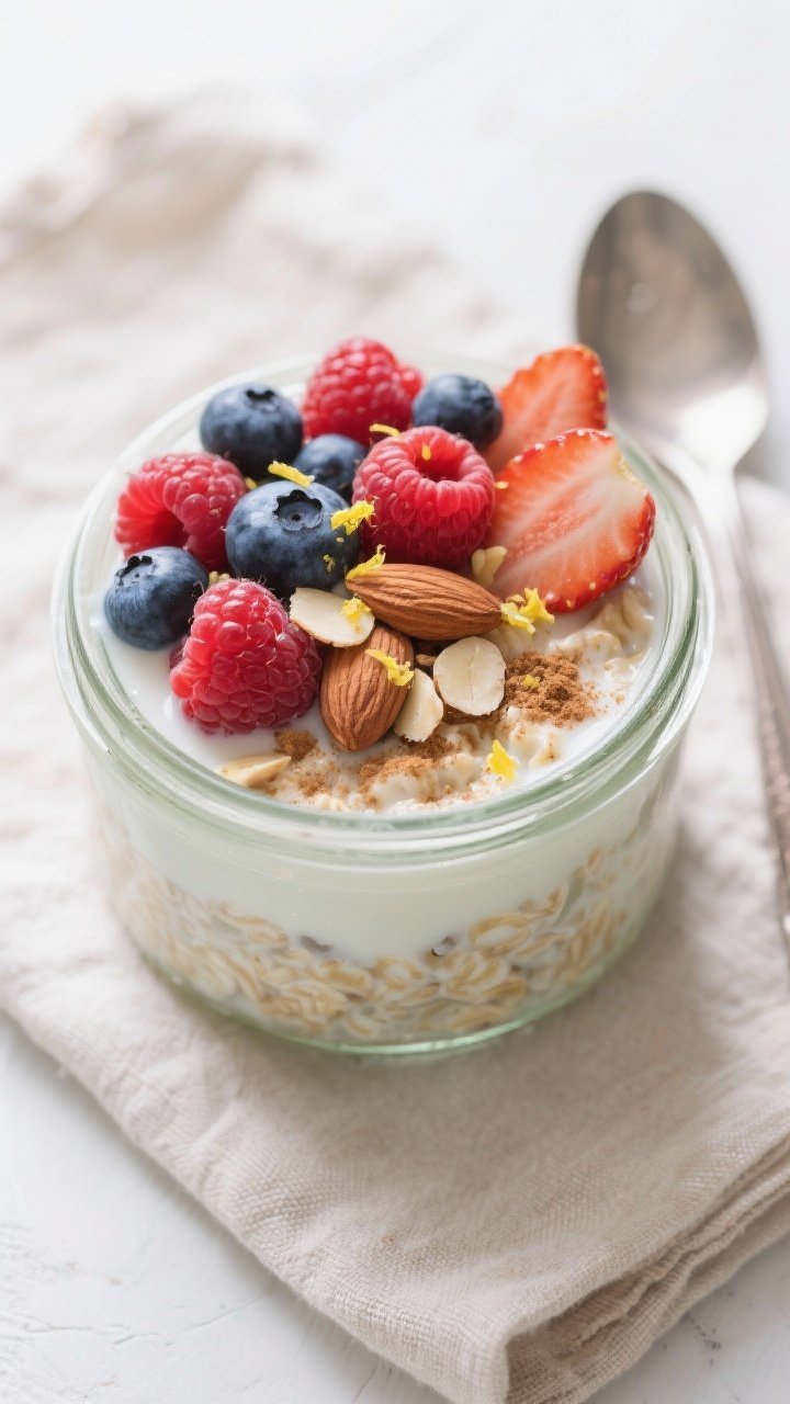 Tasty top view: Overhead shot of a finished jar of Fresh Berry Almond Milk Overnight Oats just befor