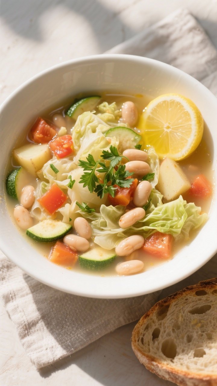 Tasty top view: Overhead shot of a generous bowl of finished cabbage, bean, and vegetable soup—can