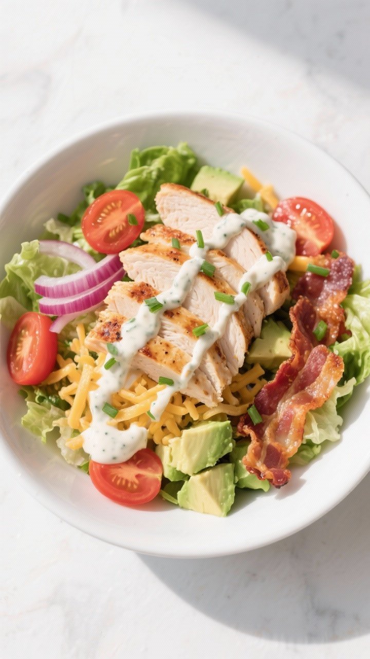 Tasty top view: Overhead shot of a Low-Carb Ranch BLT Chicken Bowl assembled in a wide white bowl—