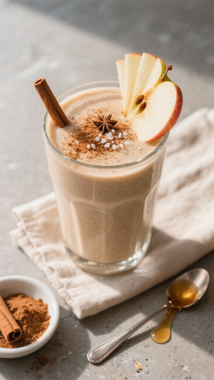 Tasty top view: Overhead shot of a tall glass filled with the finished apple cinnamon oat smoothie, 