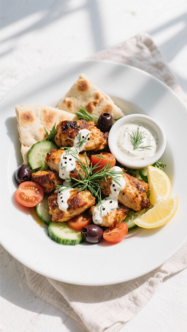 Tasty top view: Overhead shot of a vibrant Mediterranean chicken bowl—juicy browned chicken bites 