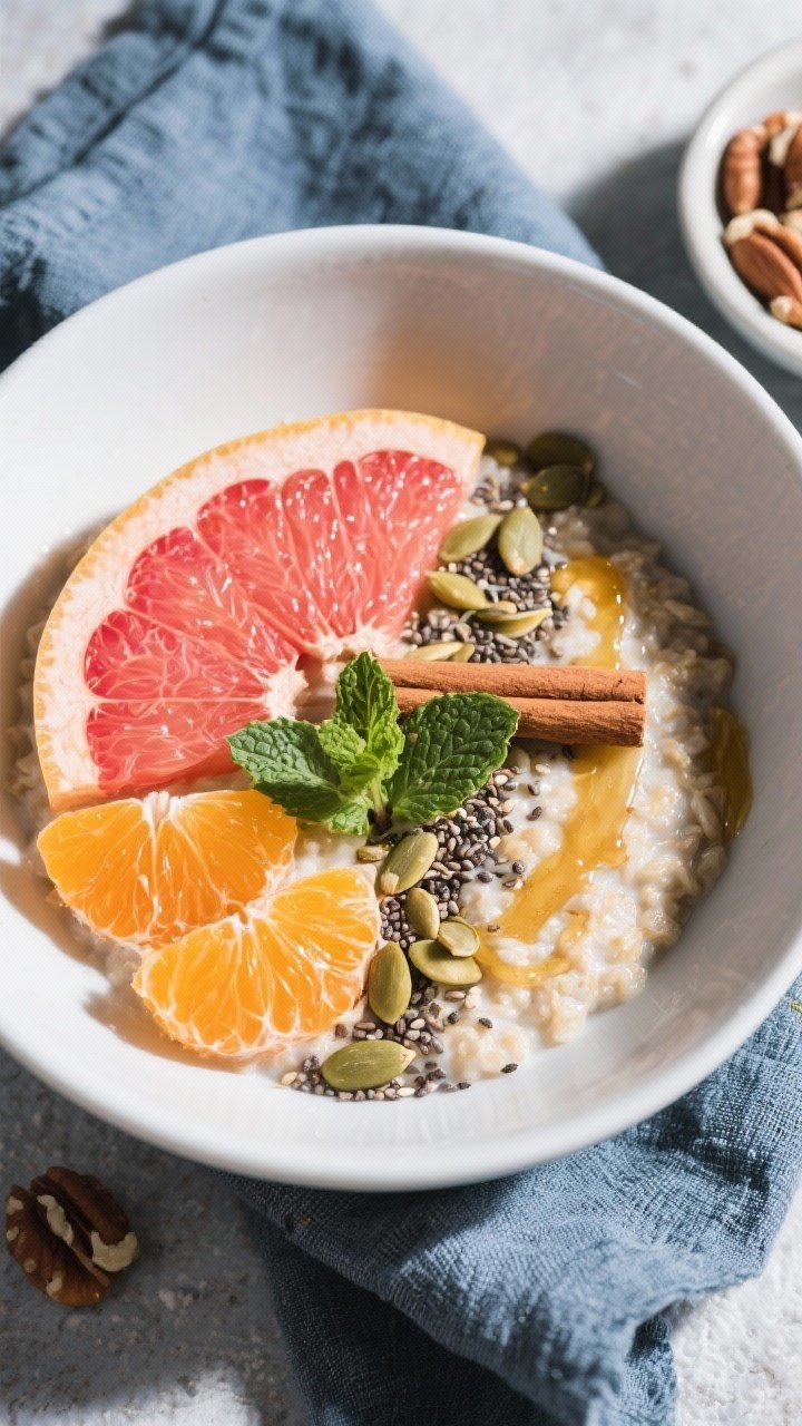 Tasty top view: Overhead shot of a Winter Citrus Oatmeal Bowl fully assembled—creamy oats topped w