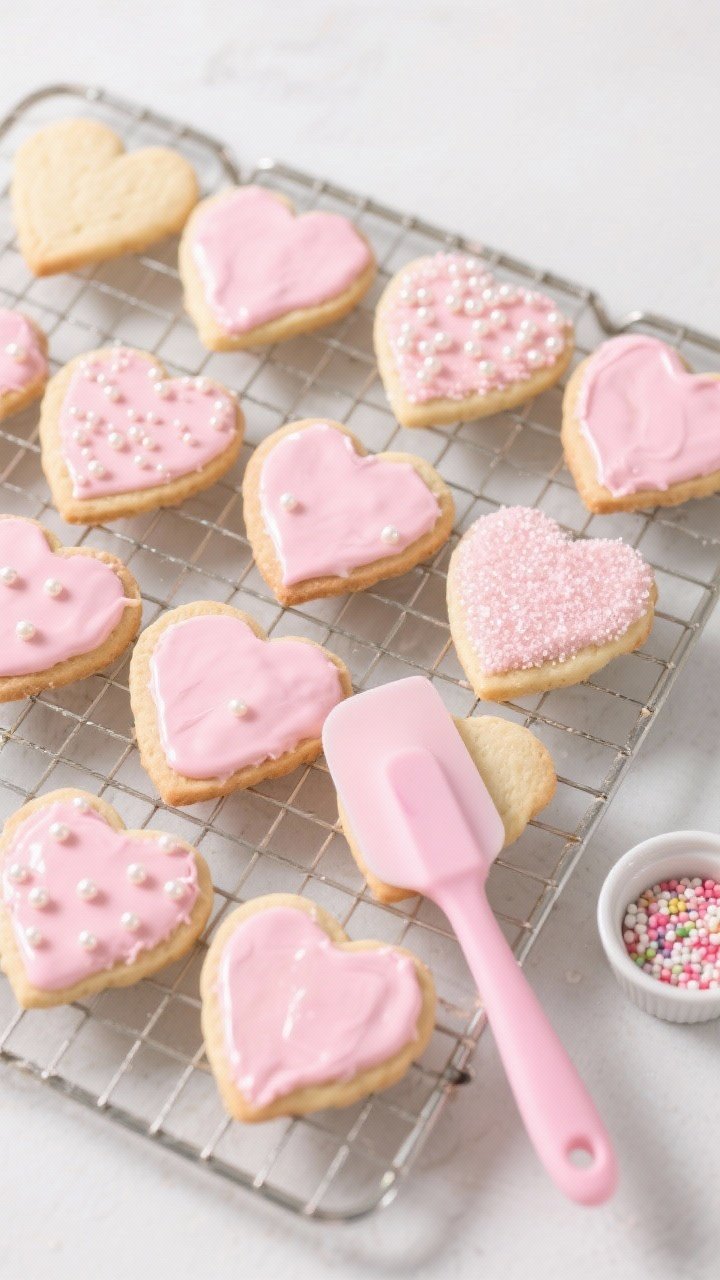 Tasty top view: Overhead shot of a wire rack filled with freshly baked heart sugar cookies at variou