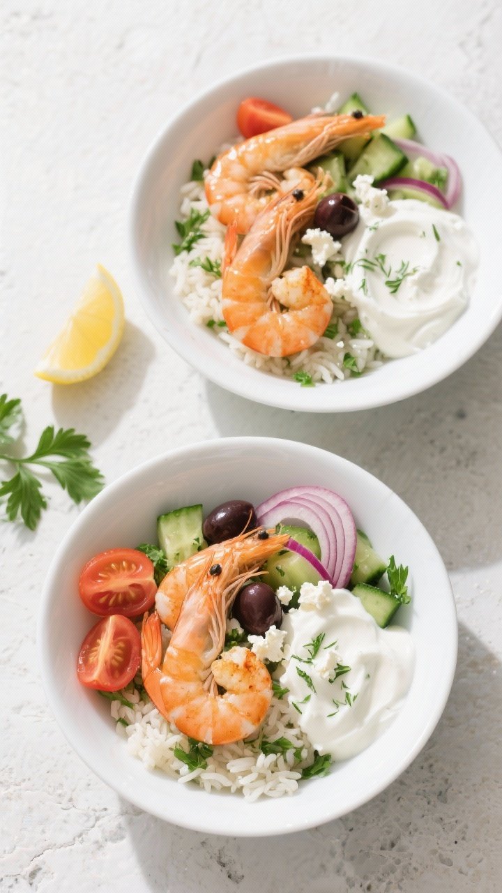 Tasty top view: Overhead shot of assembled Mediterranean shrimp bowls—fluffy herby rice base with 