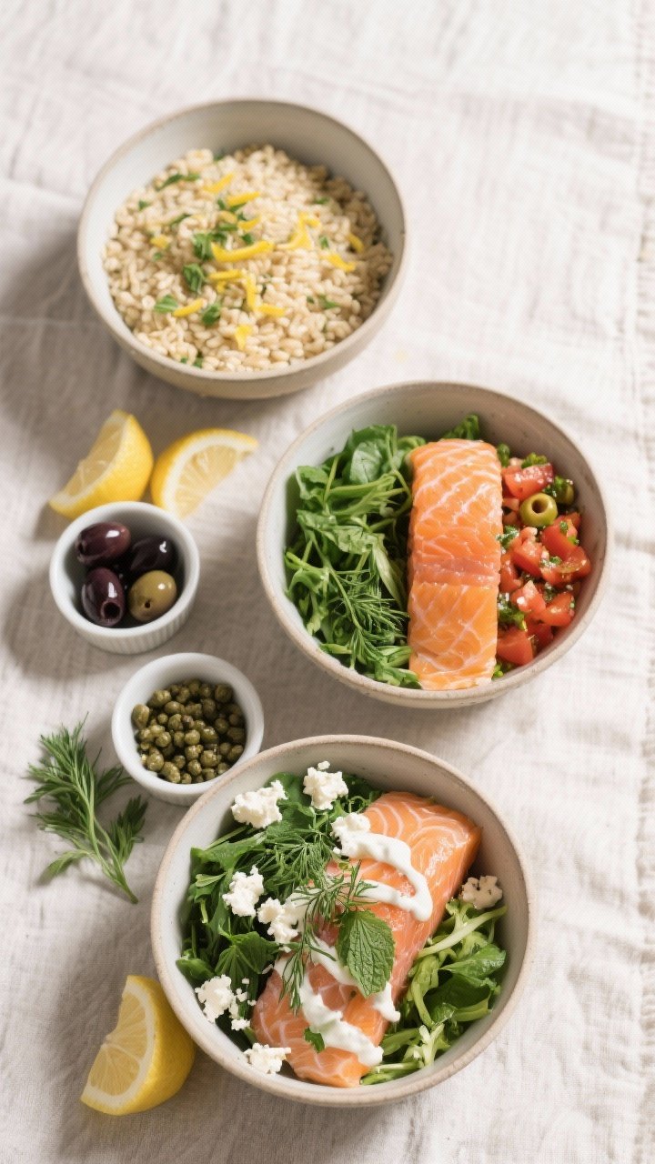 Tasty top view: Overhead shot of build-your-own bowl assembly—three bowls with grains, greens, and