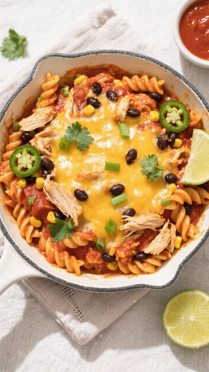 Tasty top view: Overhead shot of chicken enchilada pasta just after the cheese melt—short pasta (r