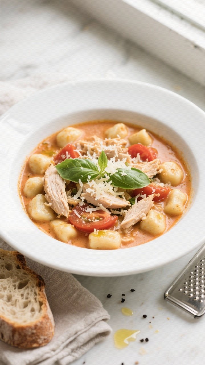 Tasty top view: Overhead shot of Creamy Chicken & Tomato Basil Gnocchi Soup in a wide white bowl, sh