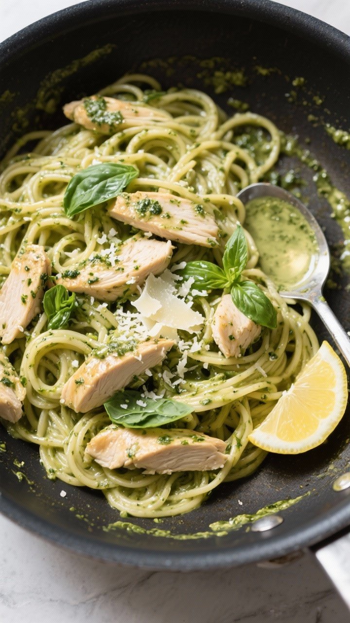 Tasty top view: Overhead shot of creamy pesto chicken spaghetti in a large sauté pan, spaghetti jus