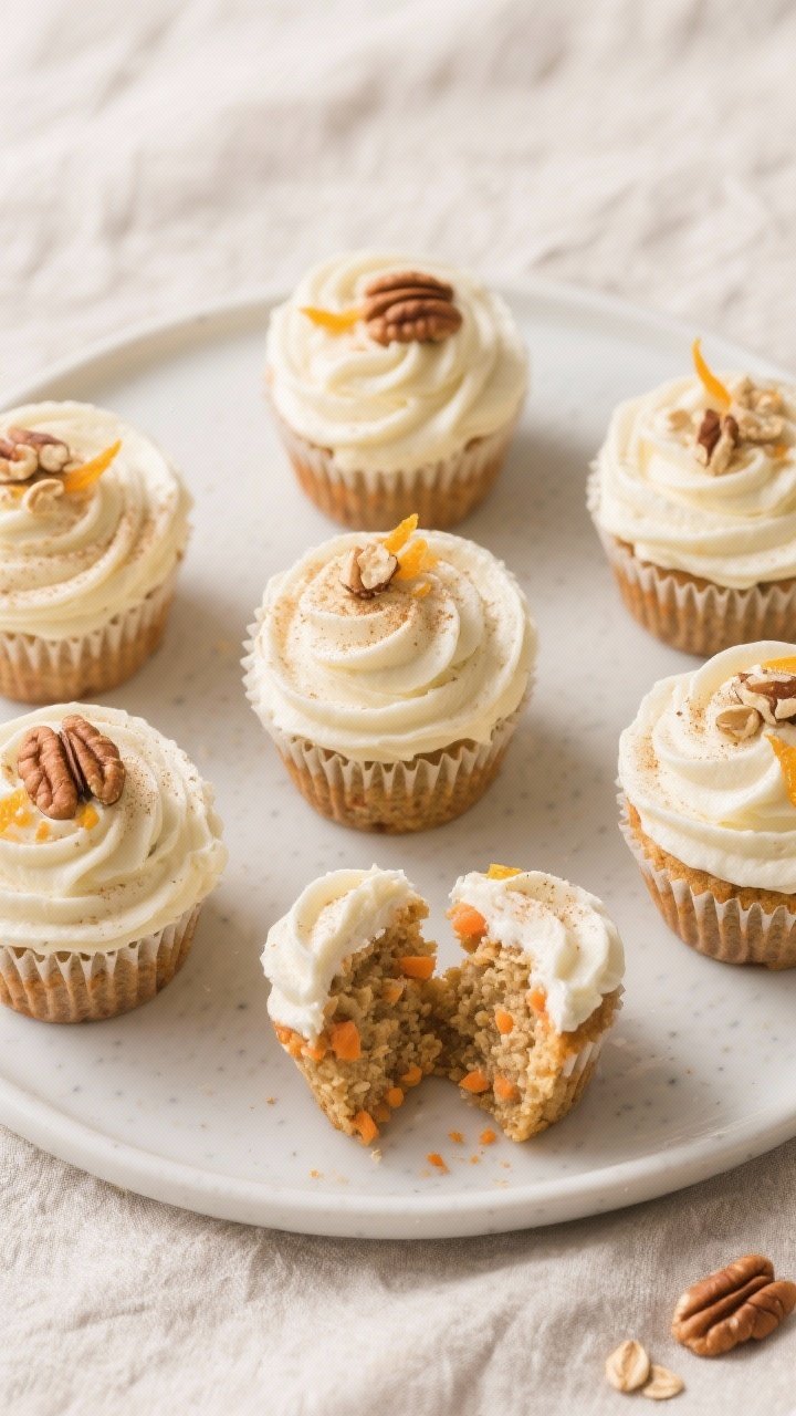 Tasty top view: Overhead shot of frosted carrot oat cupcakes arranged on a matte white platter, swir