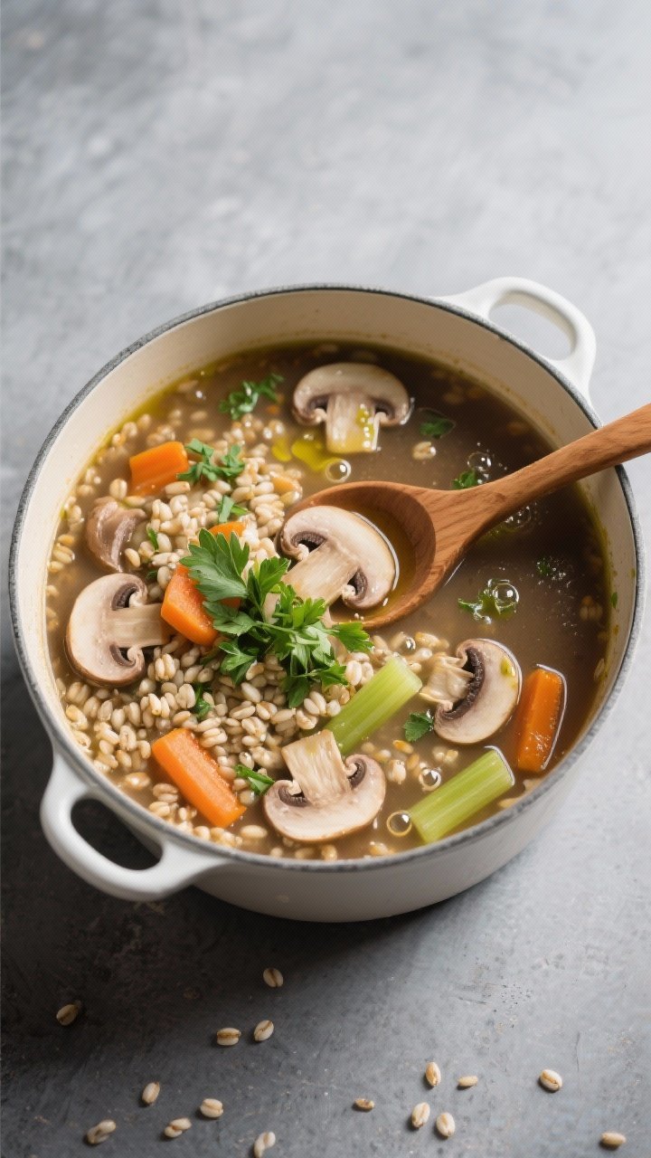 Tasty top view: Overhead shot of mushroom barley soup at peak simmer—pearl barley plump and chewy-