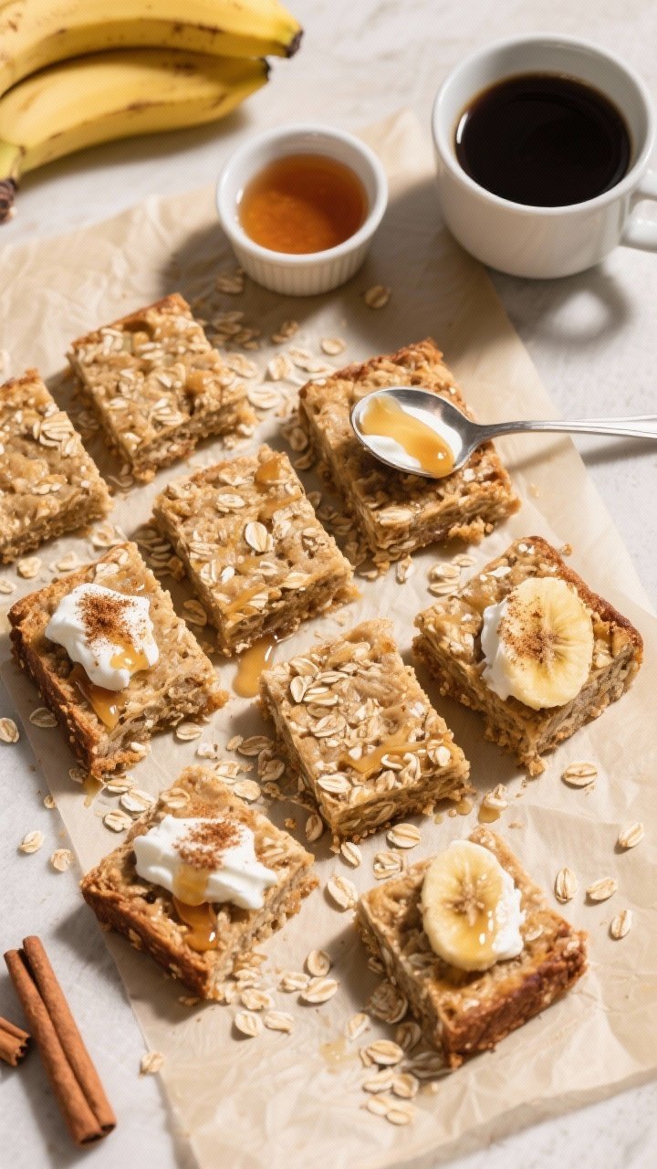 Tasty top view: Overhead shot of neatly sliced oatmeal banana-cinnamon squares arranged in a grid on