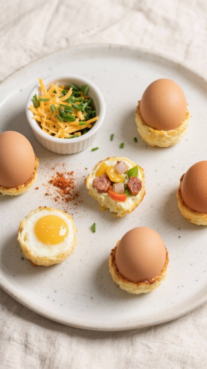 Tasty top view: Overhead shot of six egg bites arranged on a matte white plate with a small ramekin 