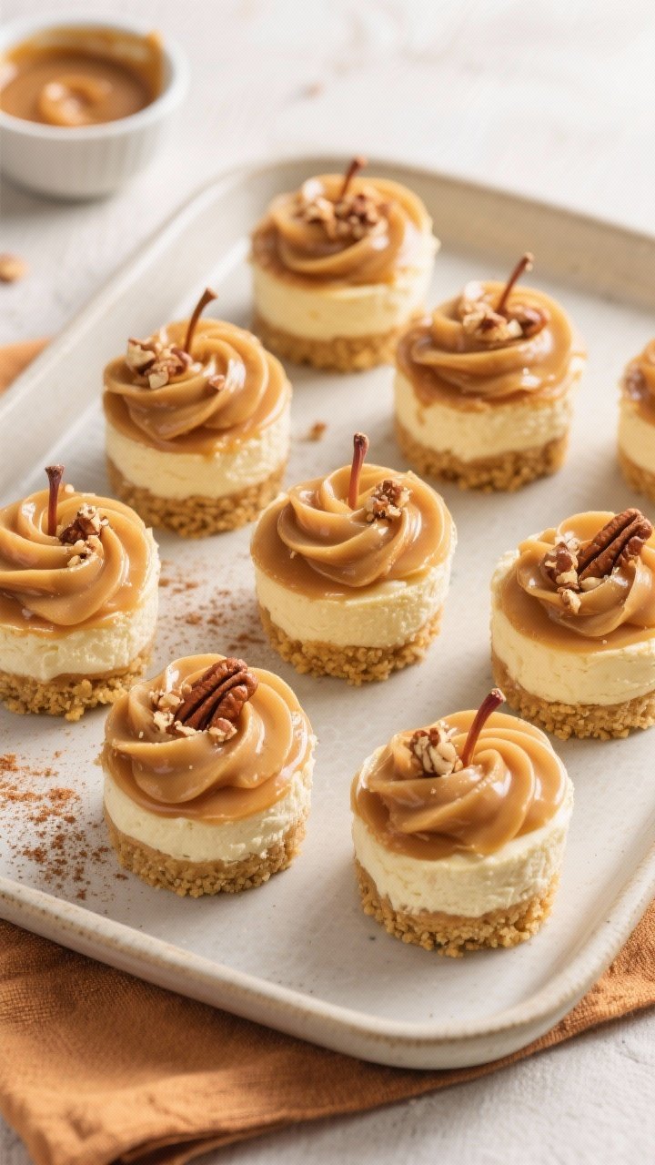 Tasty top view: Overhead shot of six finished caramel apple cheesecake cups arranged on a neutral tr