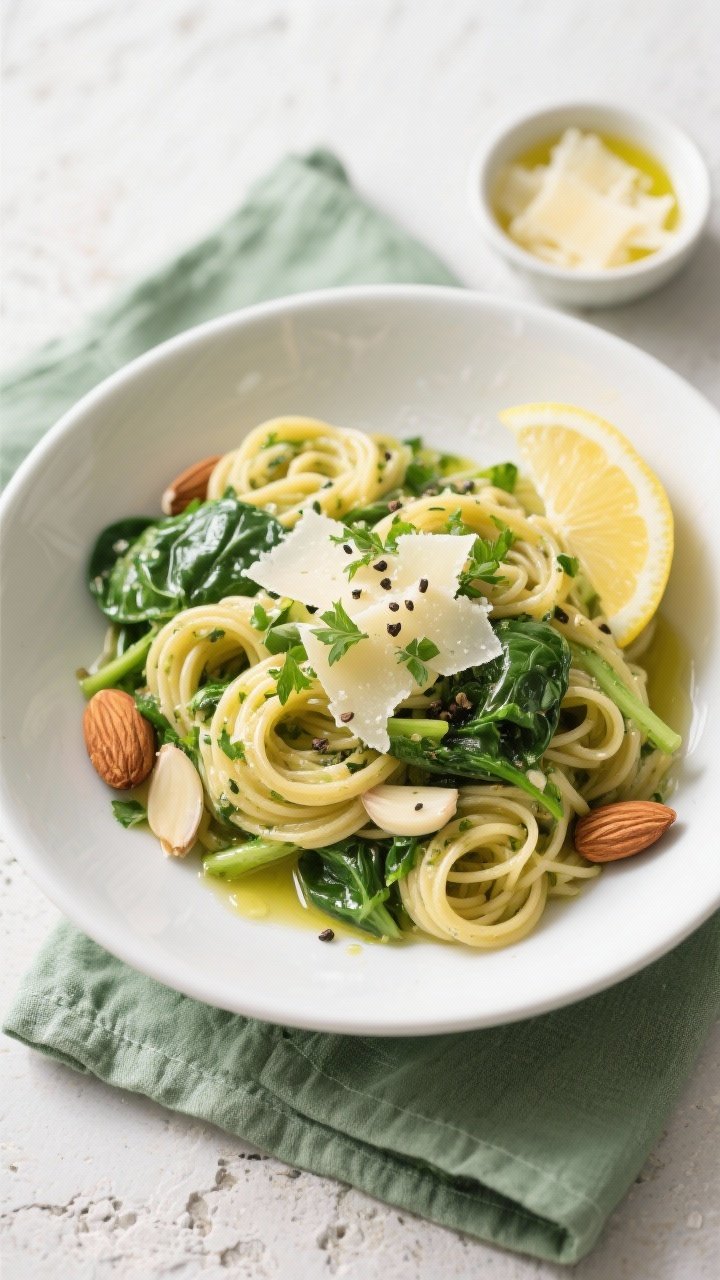 Tasty top view: Overhead shot of Spring Vegetable Pasta with Spinach, Lemon & Garlic twirled into ne