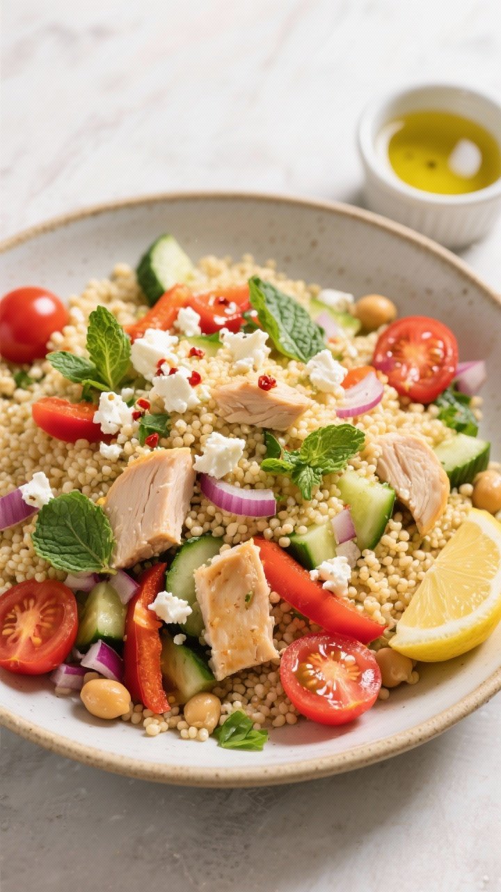 Tasty top view: Overhead shot of the assembled High-Protein Chicken Couscous Salad in a wide, shallo