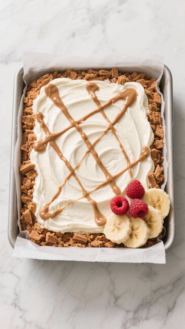 Tasty top view: Overhead shot of the assembled icebox cake in a 9x9 pan lined with parchment, fully 