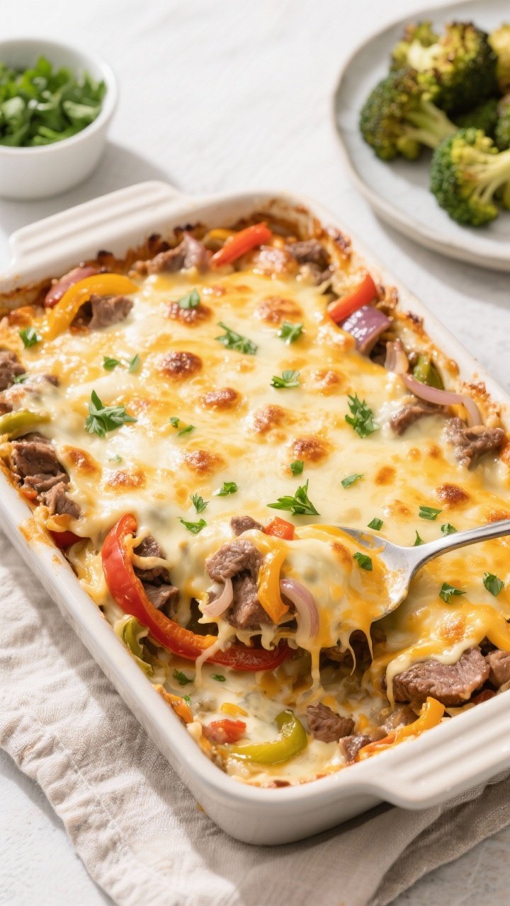 Tasty top view: Overhead shot of the baked Keto Philly Cheesesteak Casserole in a 9x13 dish, cheese 
