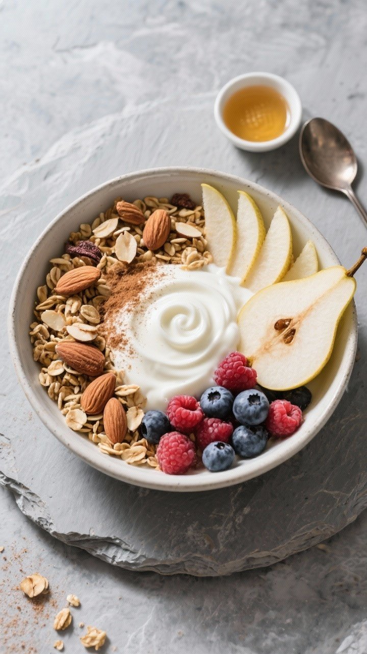 Tasty top view: Overhead shot of the final muesli bowl showing a neat composition—yogurt swirled s