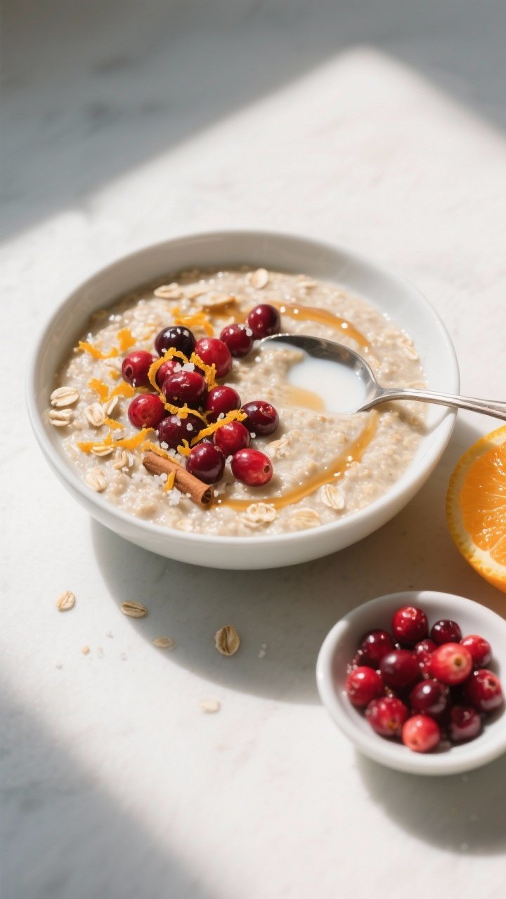 Tasty top view: Overhead shot of the final oats poured into a low white bowl, smooth and spoonable w