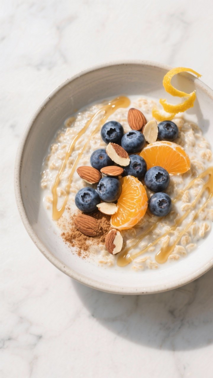 Tasty top view: Overhead shot of the final plated Blueberry Citrus Overnight Oats in a low, wide bow