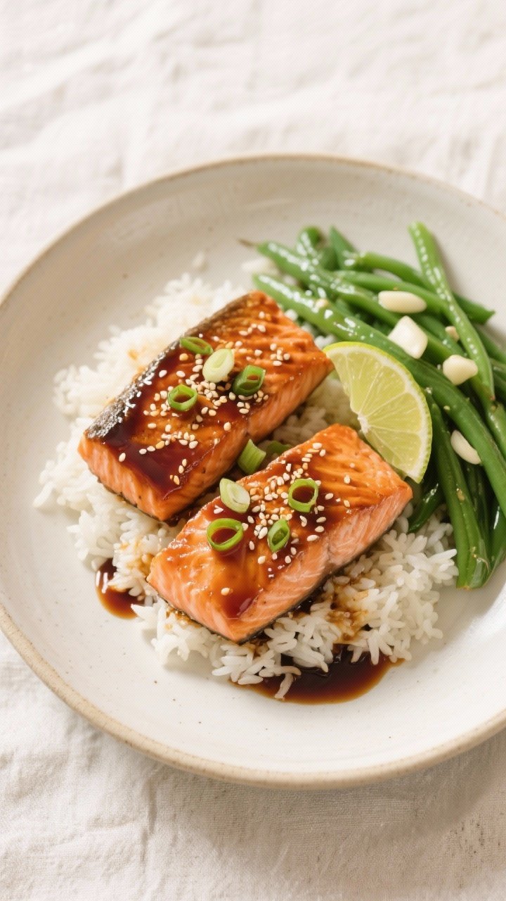 Tasty top view: Overhead shot of the final plated dinner—two teriyaki salmon fillets over steamed 