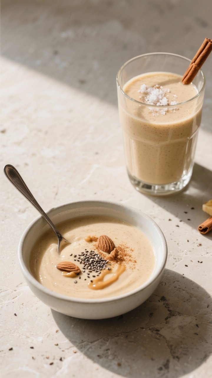 Tasty top view: Overhead shot of the final smoothie served two ways—one thick and spoonable in a c