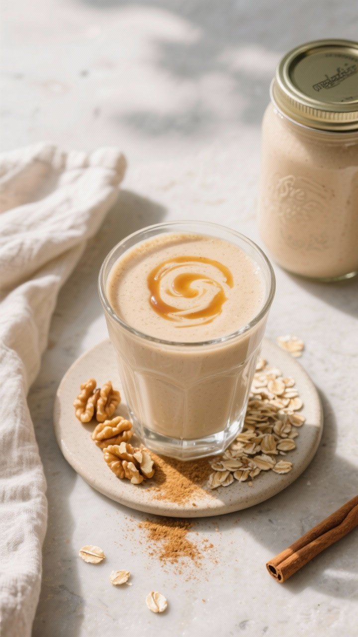 Tasty top view: Overhead shot of the finished Apple Pie Oat Protein Smoothie in a clear highball gla