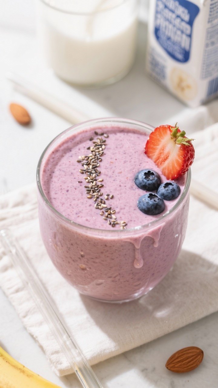 Tasty top view: Overhead shot of the finished Banana Berry Protein Breakfast Shake in a wide-mouth g
