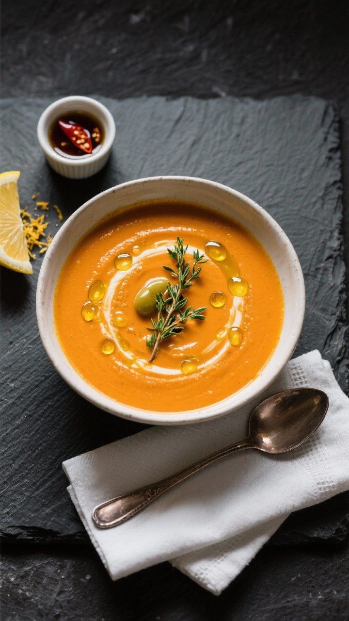 Tasty top view: Overhead shot of the finished bisque on a dark slate surface, vibrant orange soup fi