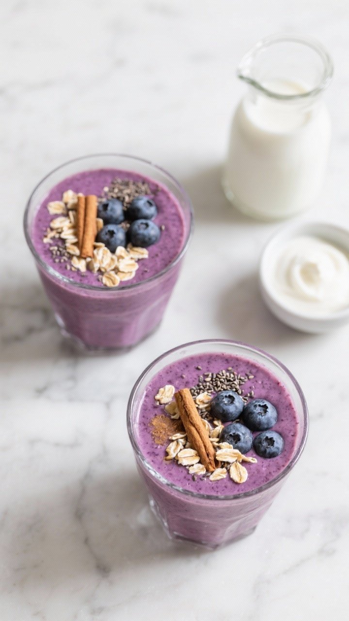 Tasty top view: Overhead shot of the finished Blueberry Banana Oat Smoothie served in two glasses, d