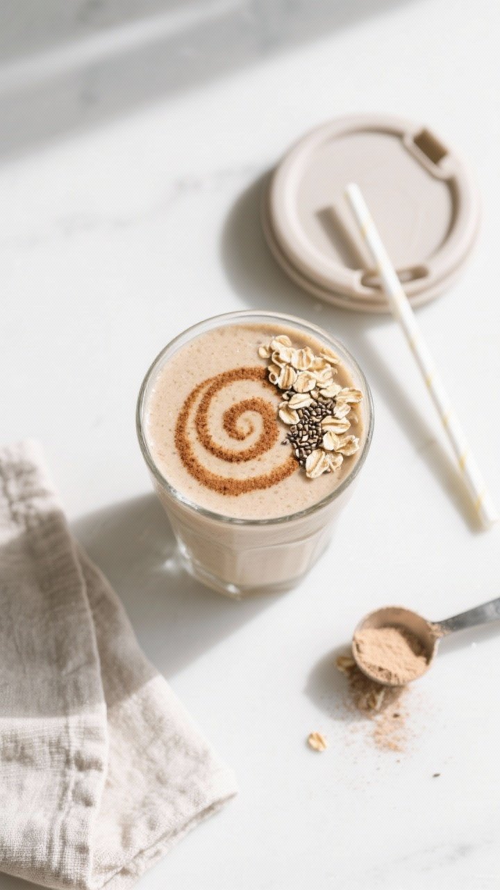 Tasty top view: Overhead shot of the finished Cinnamon Banana Oat Smoothie in a wide-mouth glass, to
