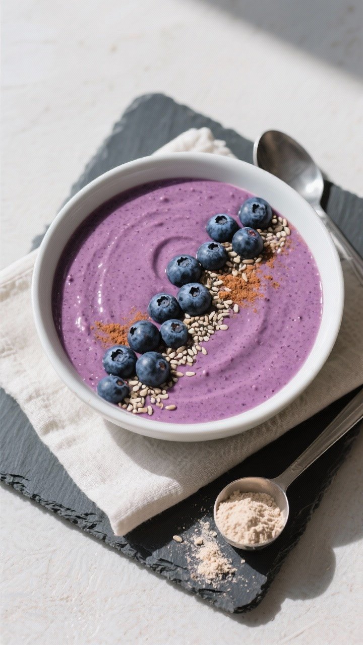 Tasty top view: Overhead shot of the finished High-Protein Blueberry Vanilla Smoothie served as a sm