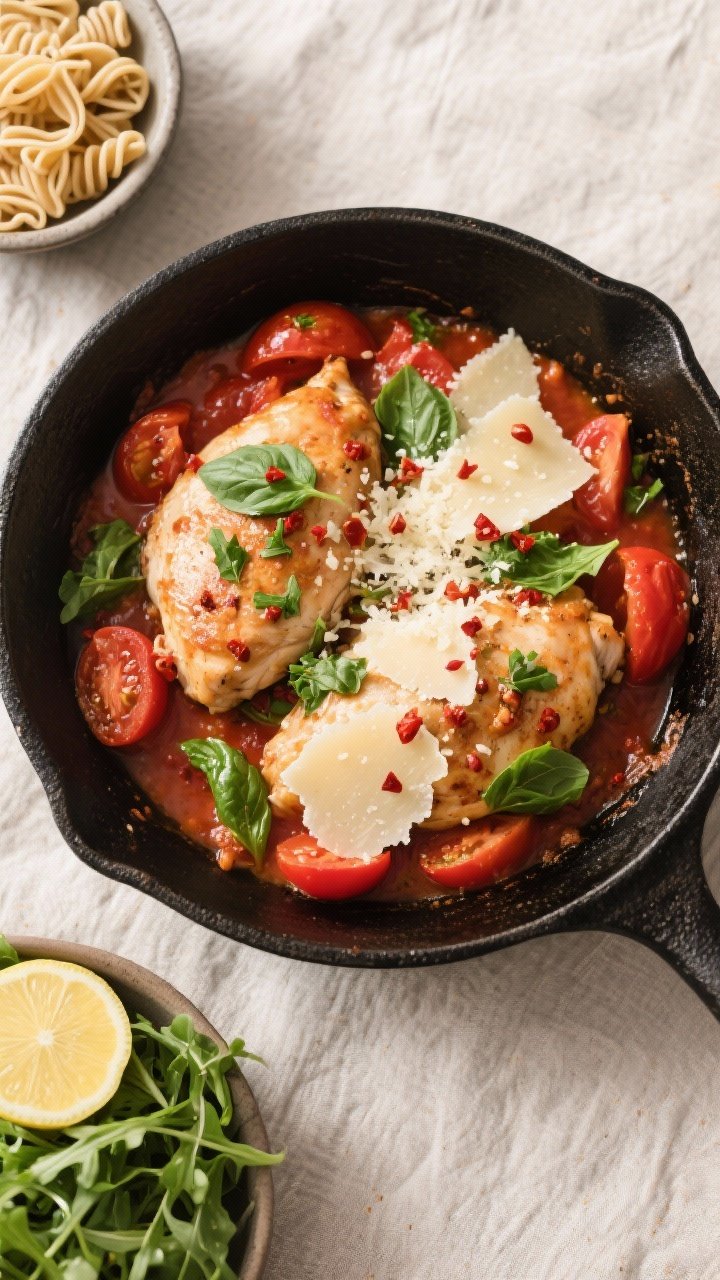 Tasty top view: Overhead shot of the finished Italian chicken & tomato skillet, garnished with chopp