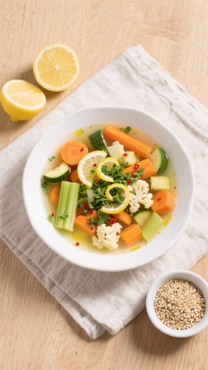 Tasty top view: Overhead shot of the finished Lemon Ginger Detox Veggie Soup in a wide, white bowl, 