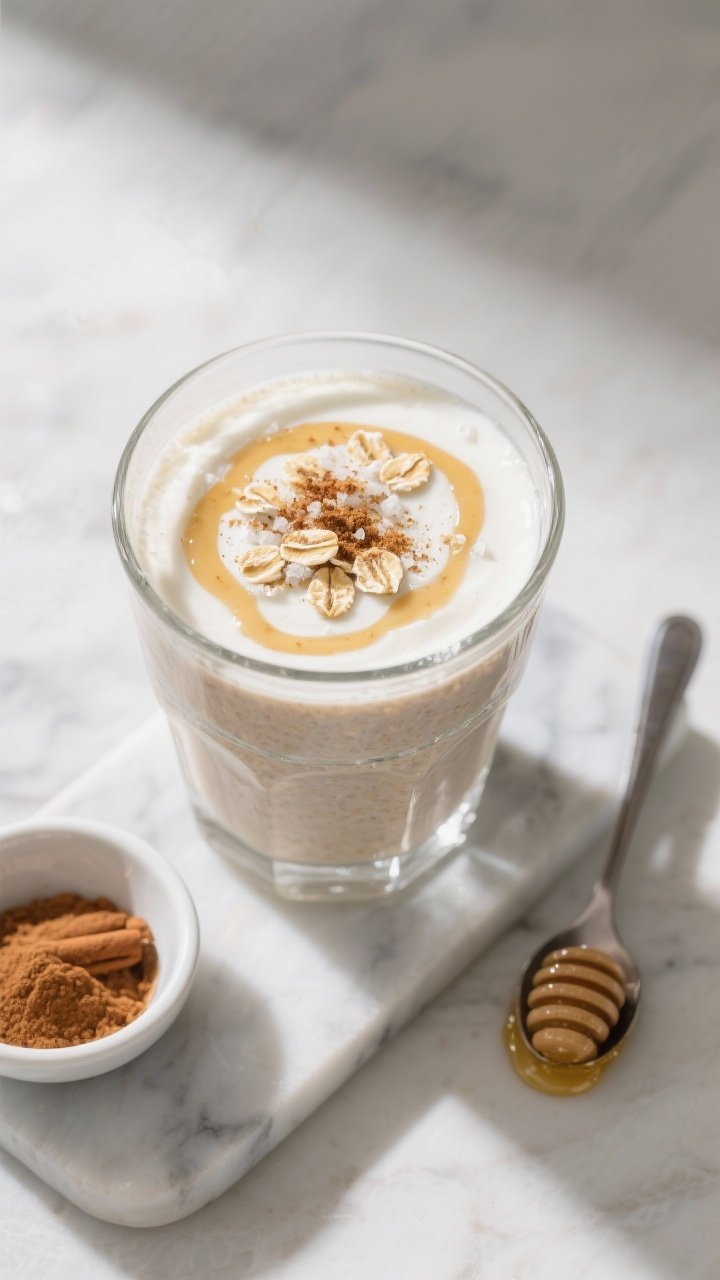 Tasty top view: Overhead shot of the finished Oatmeal Smoothie with Greek Yogurt and Honey poured in