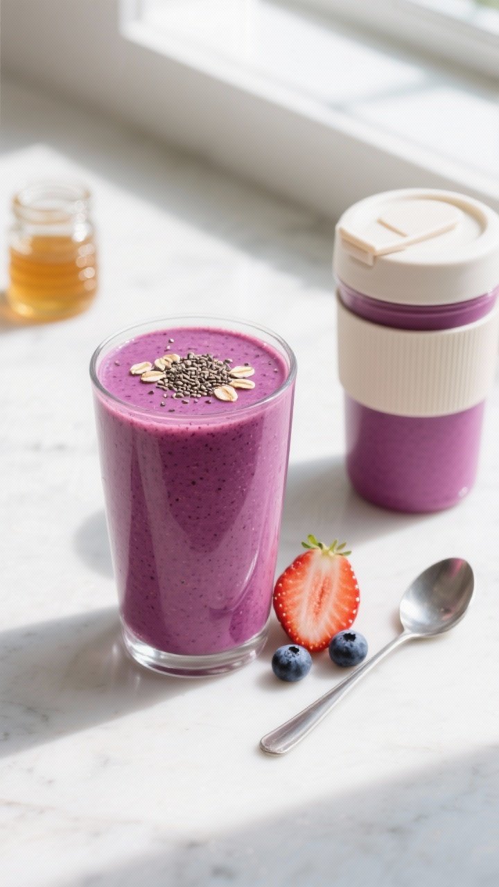 Tasty top view: Overhead shot of the finished Simple Berry Oat Smoothie poured into a tall, clear gl