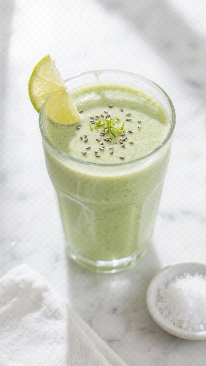 Tasty top view: Overhead shot of the finished smoothie poured into a chilled clear glass, thick and 