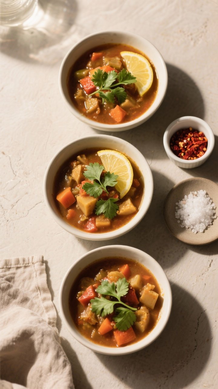 Tasty top view: Overhead shot of the finished stew arranged for meal prep—three shallow bowls fill