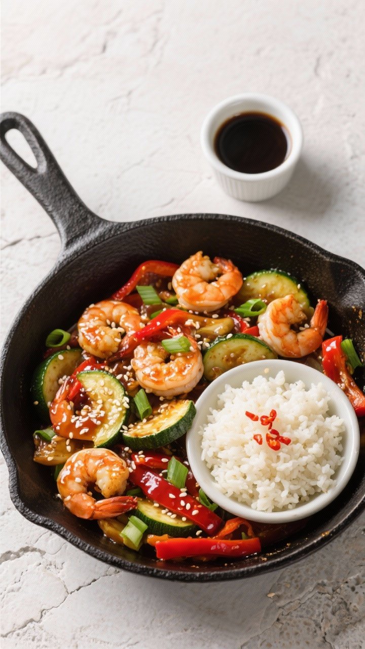Tasty top view: Overhead shot of the finished stir-fry served family-style in a black cast-iron skil