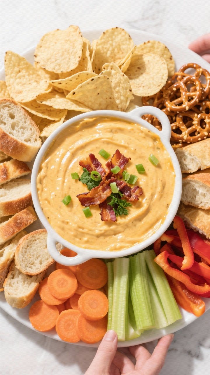 Tasty top view: Overhead shot of the finished warm cheddar bacon ranch dip served family-style, garn