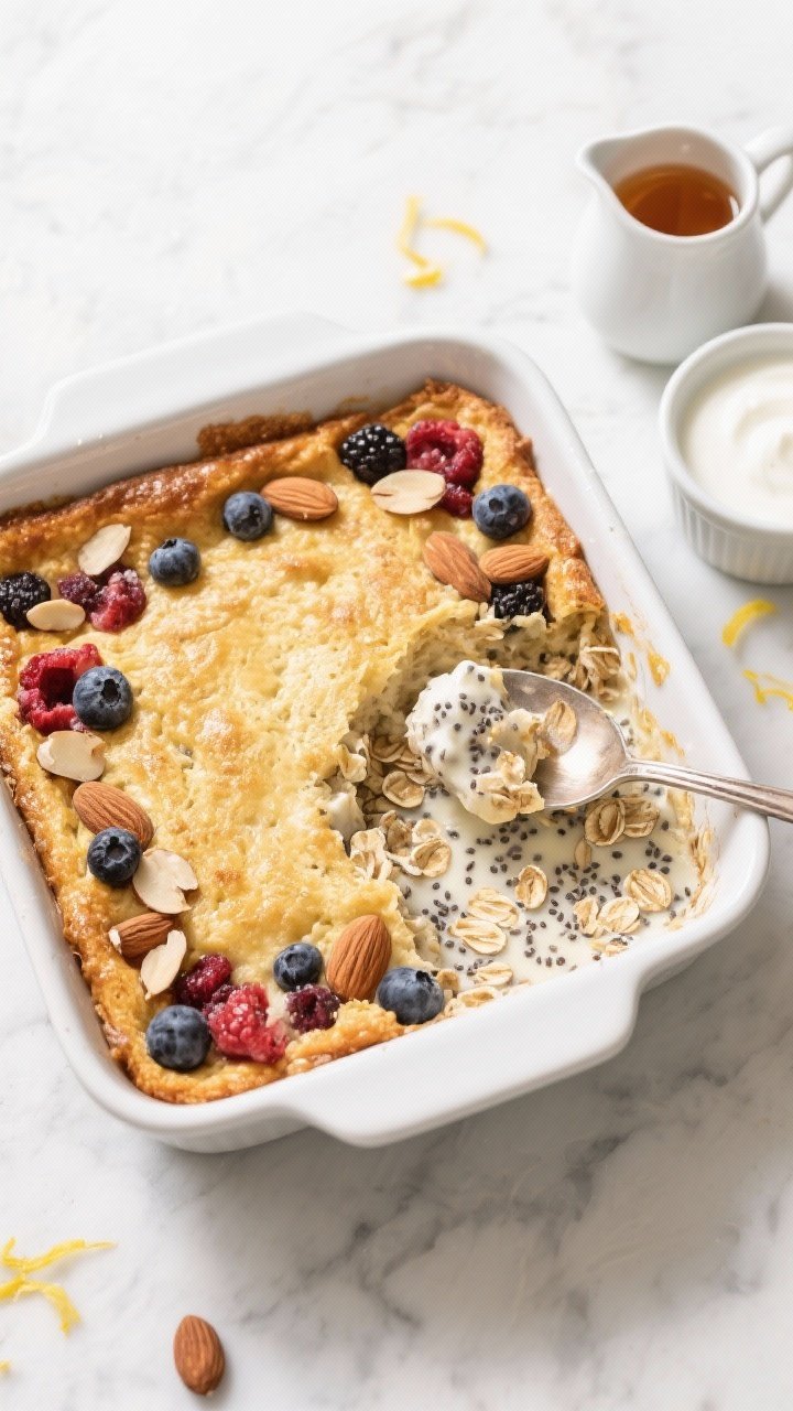 Tasty top view: Overhead shot of the full bake in a 9x9 dish, set and evenly golden around the perim